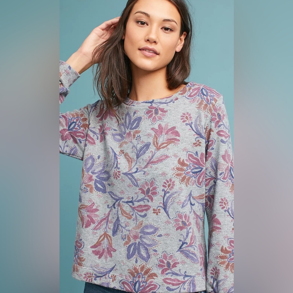 Anthropologie T.LA Terry Cloth Grey Floral Crew Neck Gardencore Cottagecore